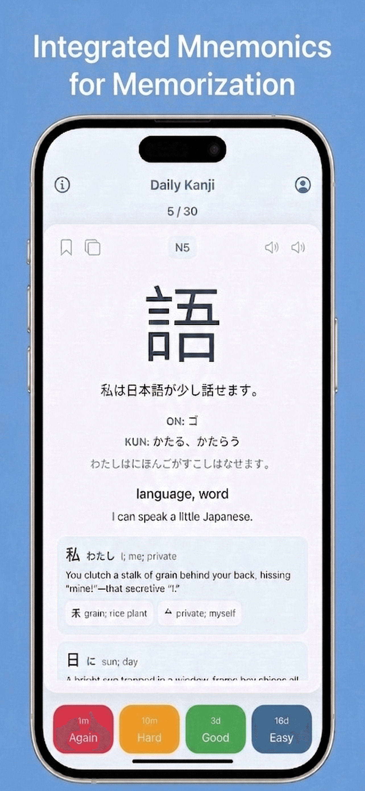 Daily Kanji mnemonics detail card