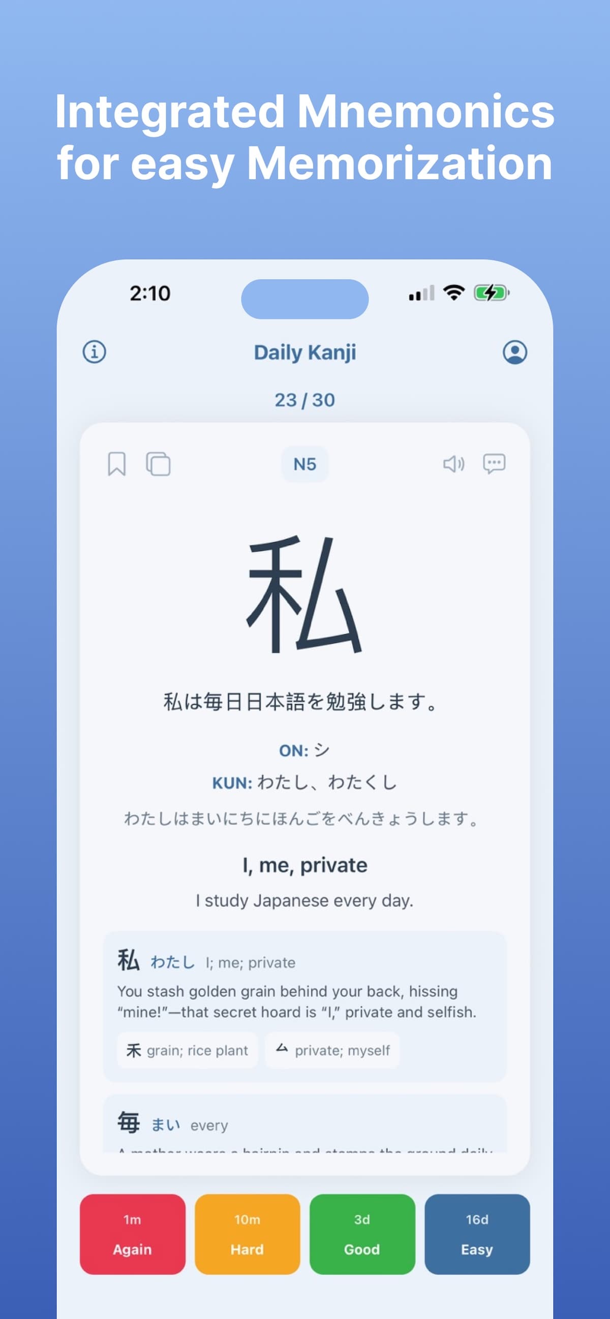 Daily Kanji mnemonics helping memorize characters